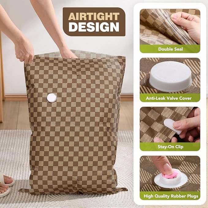 6 Pack Cloth Vacuum Storage Bags, Vacuum Seal Bags for Clothing with Hand Pump, 2 Large+4 Medium, 80% Space Saver Bags for Luggage, Comforters,Blankets, Home Travel Essentials(Khaki Checkered)