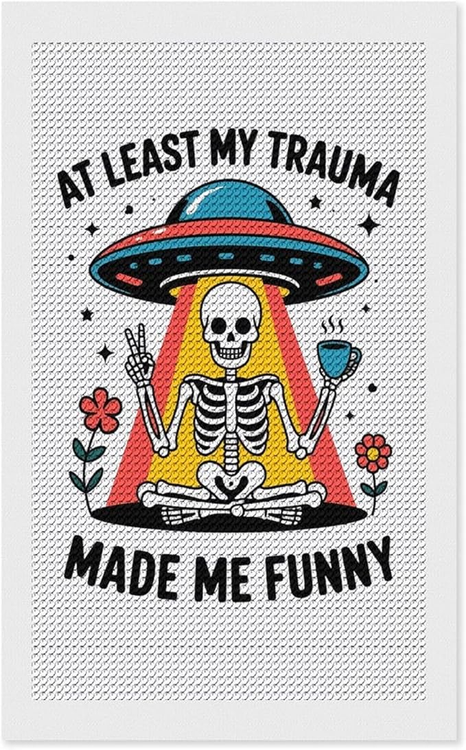 KIVJMSIDJA Diamond Art Kits for Adults Skull Skeleton “At Least My Trauma Made Me Funny” DIY Round Diamond Art for Home Wall Decor & Crafts Gifts 12"x20"