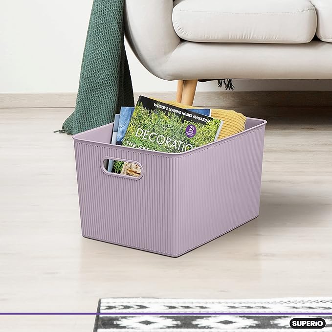Superio Ribbed Collection - Decorative Plastic Basket Open Home Storage Bins Organizer, X-Large Lilac Purple (4 Pack) Container Boxes for Organizing Closet Storage Bins for Shelves 22 Liter/23 Quart