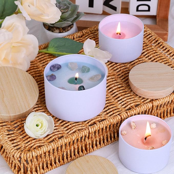 CONNOO 24-Pack Candle Tins - 12x 8oz & 12x 4oz Matte White Containers with Wick Kit and Wood Lids, for Candle Making, Storage, and Gifting