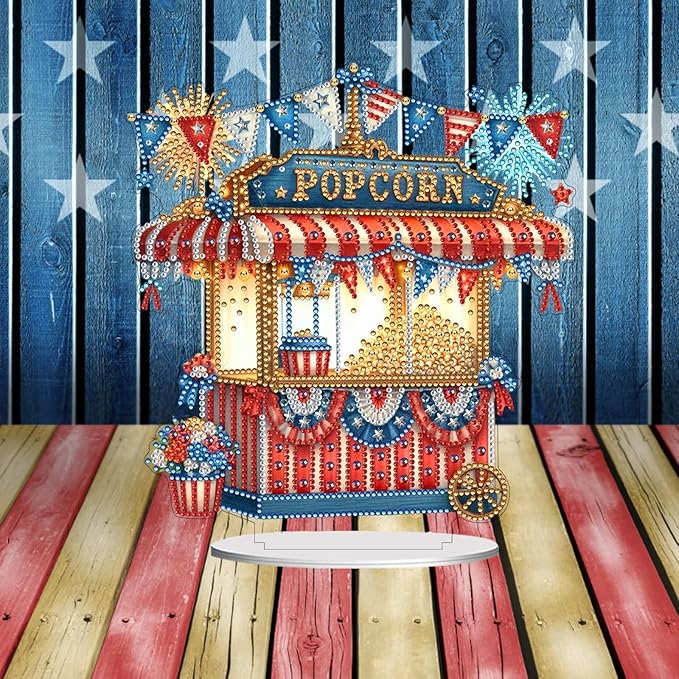 ARTopet DIY Diamond Desktop Ornament US Independence Day Special Shaped Crystal Double Sided Pattern Single Sided Diamond Art Painting Tabletop Home Ornaments Decor-Popcorn Stand