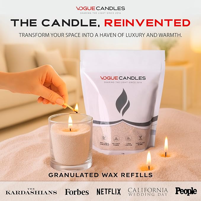 Vogue Candles Granulated Nude Wax Refill – 1LB Pearled Candle Sand Wax – Sand Candle Kit with 15 Cotton Wicks for DIY Home Lighting – Plant-Based & Reusable for Clean Burning, Custom Vessels & Décor