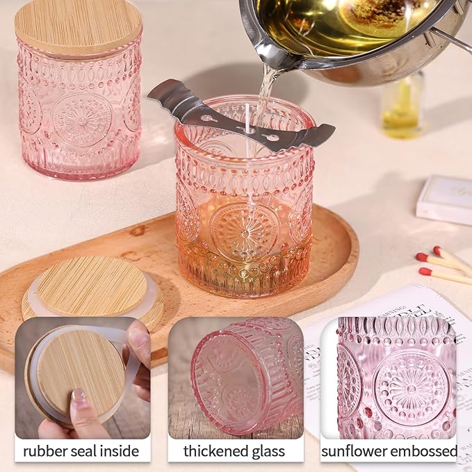 DARJEN 10 Pack Pink Candle Jars for Making Candles- 7.5 OZ Empty Glass Candle Making Jars with Bamboo Lids and Labels, Candle Containers Candle Making Jars for DIY Gifts