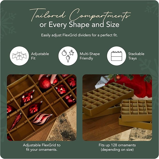 Covermates Keepsakes Adjustable Ornament Storage Bag – Heavy-Duty Polyester, Padded Dividers & FlexGrid Trays – Protective Holiday Ornament Organizer with Handles & Label Window, Red