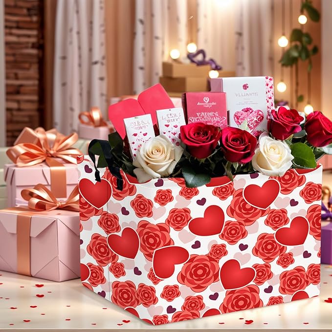 Valentine's Day Basket for Gifts Empty Cute Heart Large Gift Basket Decorative Storage Bin for Kid and Baby Room Décor (Red Love Rose)