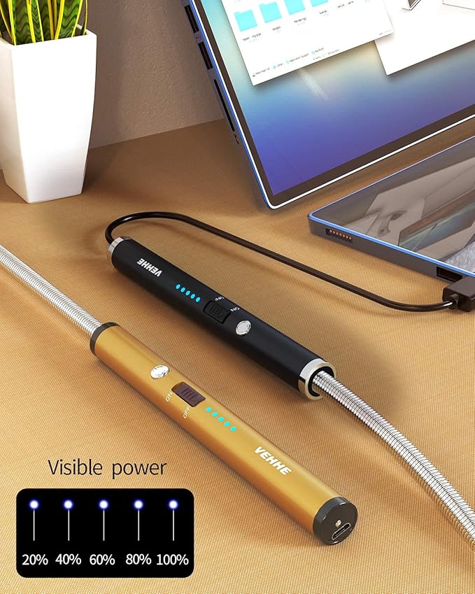 VEHHE Candle Lighter, 2 Pack Rechargeable Electric Lighter with LED Battery Display Safety Switch, Flexible Neck USB Lighters for Candles Camping Grill Gas Stoves Cooking (Black and Gold)