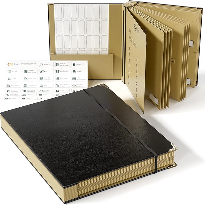 ABC life Document Organizer, Expanding File for Important Papers, Passports, Birth Certificates, Passports, Photos and Letters, Spine-Free Design with Elastic Closure - Black