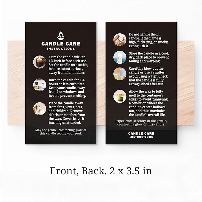 200 pack - Premium Handmade Candle Care Instruction Cards Black 2x3.5 in, Small Business | Soy Bees Wax Melt, Candle Makers, Making Supplies Kit Set, Containers, Jars, Pot, Package