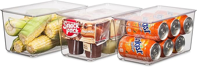 Set Of 12 Refrigerator Organizer Bins with Lids - Plastic Pantry Organization and Storage Baskets - Stackable Food Fridge Organizers with Cutout Handles for Freezer, Kitchen, Countertops, Cabinets