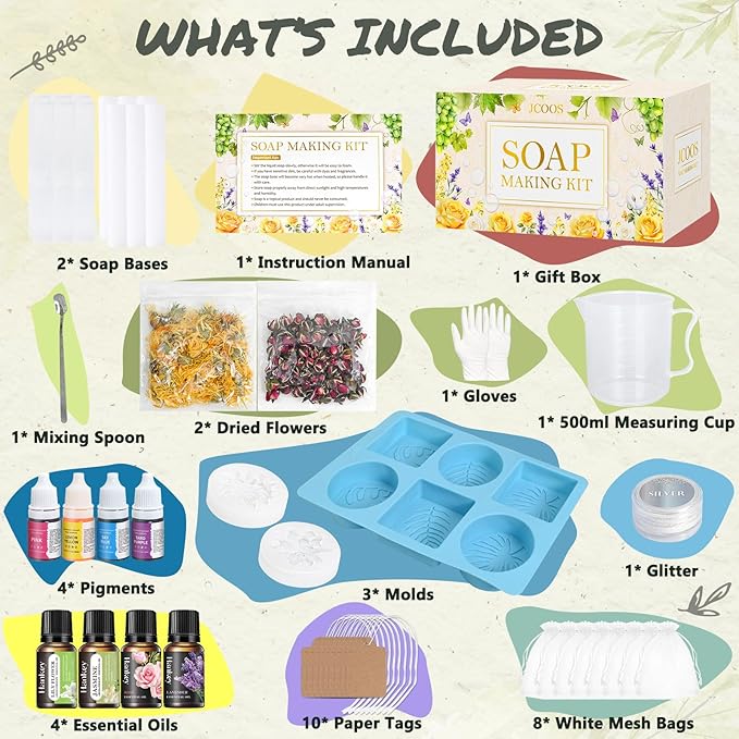 Jcoos DIY Soap Making Kit, Soap Making Kit for Adults Girls, Make Your Own Soap Making Supplies, Shea Butter Glycerin Base, Mold, Dried Flowers, Dye, DIY Scents Crafts, Valentine's Day Gifts