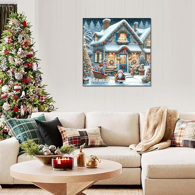 Accompany Wind Christmas Diamond Art Kits for Adults, Winter Christmas House Diamond Painting Kits, 5D Round Drill Diamonds Gem Art Crafts for Home Wall Decor Gifts 14x14 Inch