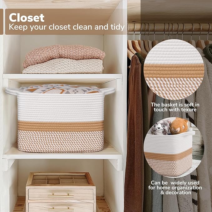 Goodpick Woven Storage Baskets for Organizing, Cotton Rope Organizer for Home Decor, 13"x10"x9" Gift Baskets Empty for Kids, Rectangle Laundry Basket with Handles, White & Camel Mix