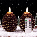 2pcs Flameless Pinecone Candles with Remote, Battery Operated Pine Cone Candles Real Wax Winter Decor, Flickering LED Christmas Decoration, D3.5 x H5 Inch, Brown & Gold Trim