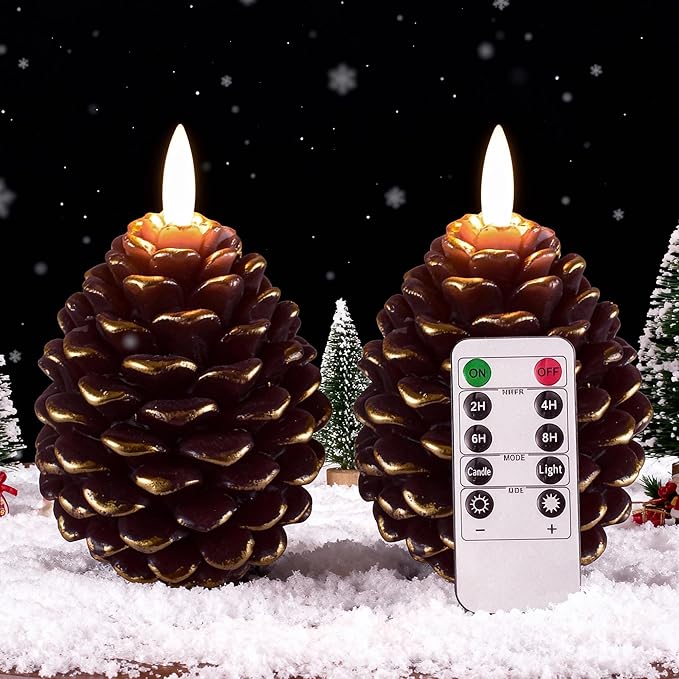 2pcs Flameless Pinecone Candles with Remote, Battery Operated Pine Cone Candles Real Wax Winter Decor, Flickering LED Christmas Decoration, D3.5 x H5 Inch, Brown & Gold Trim