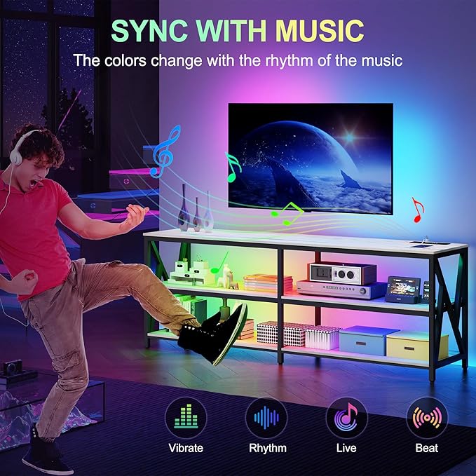 Lvifur LED TV Stand for 65 70 75 inch TV, Auto Sensor Entertainment Center with RGB Dimmable Lights, TV Console Table with Open Storage Shelves and Metal Frame (White)