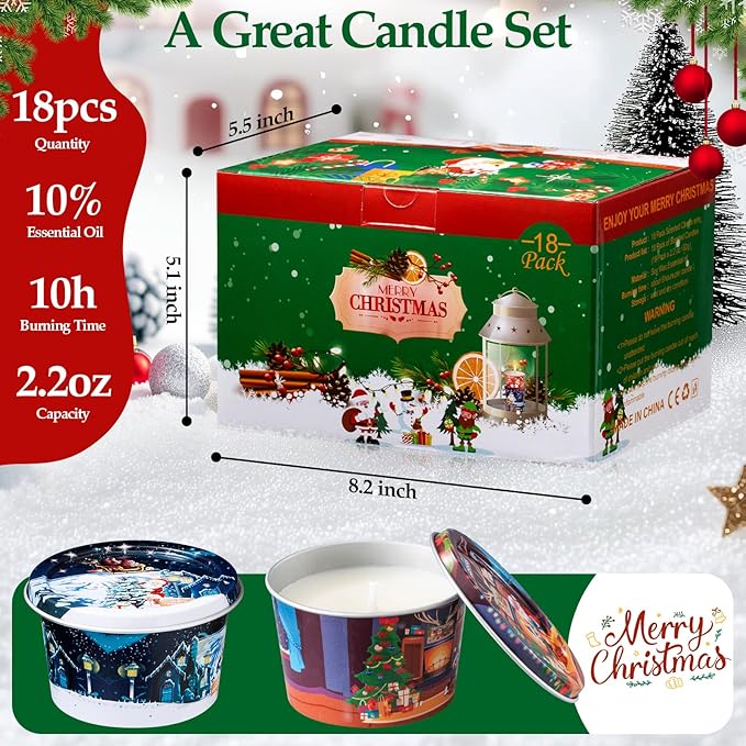 18 Pack Scented Candle Sets | Merry Christmas Aromatherapy Traverl Jar Candles | Soy Wax Candle Sets with 10% Essential Oils for Home and Travel |Gift Sets for Christmas Women