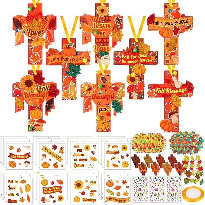 Funrous 48 Sets Fall Christian Kit Bulk Thanksgiving Cross Paper Crafts Religious Jesus Blessing Hanging Ornaments with Glitter Leaf Pompoms Stickers for Sunday School Classroom Activity Church