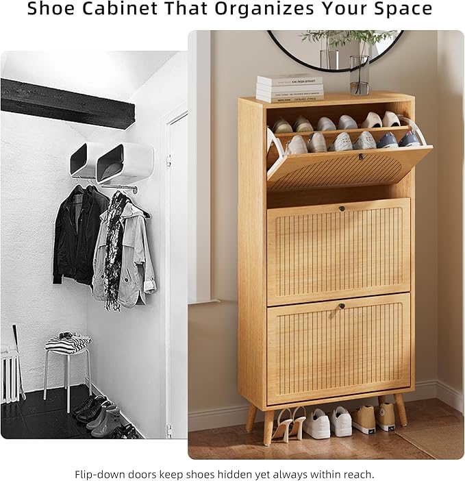 Fsbecl Shoe Storage Cabinet for Entryway with 3 Flip Drawers, Narrow Shoe Organizer with Fluted Panel, Freestanding Wood Hidden Shoe Cabinet for Hallway (Wood Color, 23.6''W, Double Layer)