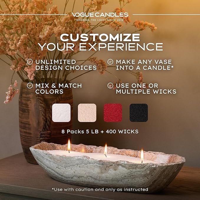 Vogue Candles Nude Pearled Candle Sand Wax (5 LB) – Mother’s Day Candle Kit with 400 Cotton Wicks for DIY Home Lighting – Plant-Based & Reusable Wax Granules Refill for Custom Vessels (8 Pack)