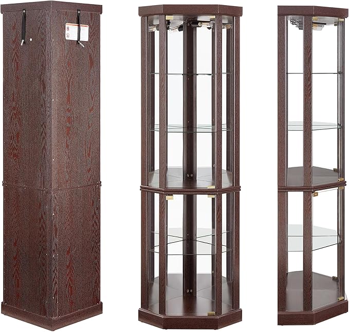 69" H Lighted Curio Cabinet Corner Display Case,Corner Glass Cabinets with Tempered Glass Door and Adjustable Shelves,Wooden Curio Cabinet with Mirrored Back Pane (Style 1 - Dark Cherry)