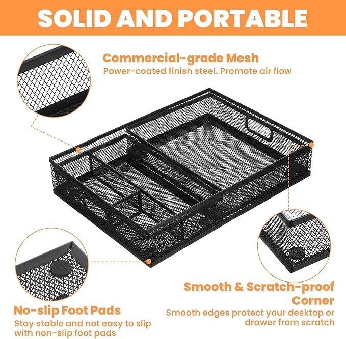3 Pcs Office Drawer Organizer 3 Pack, Office Supplies Desk, Black Mesh Drawer Organizer Hold Pens & A4 Sized File, 12 x 9 Inches