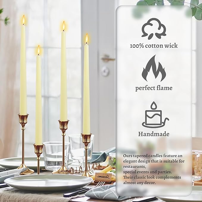 Handmade Ivory Yellow Taper Candlesticks Elegant Vanilla Scented Dripless Long Lasting Burn Candles Smokeless Aromatherapy Candles10 Inch Tall for Home Decoration Women's Gift Weddings