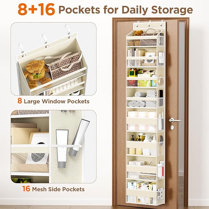 Mefirt Over The Door Organizer, 8 Shelf Door Hanging Organizers with 8 Large Capacity Pockets, Back of Door Organizer Storage Hanging Shelves for Closet Bathroom Bedroom Nursery