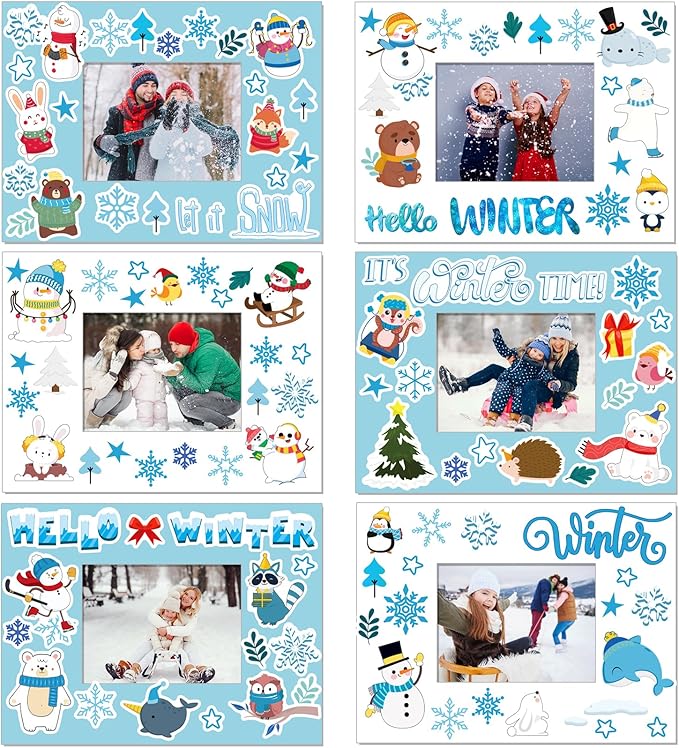 Hayux DIY Craft Kits for Kids - 24 Packs DIY Winter Wonderland Photo Frames Set with Stickers Paper Picture Frames Funny Winter Gifts Craft for Christmas Party Favors School Activities