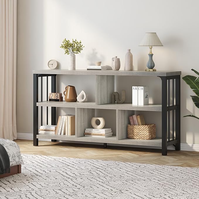 IBF Industrial Horizontal Bookshelf, Modern 5 Cube Storage Organizer Open Shelf, Low Wide Cubby Bookcase for Home Office Living, Wooden Metal Short Book Shelf Bedroom Storage, Light Grey Oak, 47 Inch
