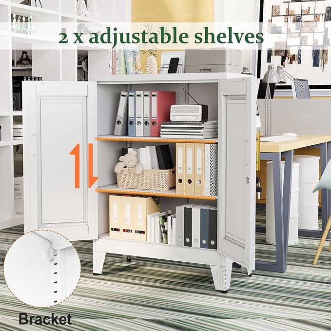 White Metal Storage Cabinet, 36" Tall Locking Storage Cabinet with 2 Adjustable Shelves, Steel Locker Organizer, for Office, Home, School, 11.81" D x 23.62" W x 35.83" H, 2PS