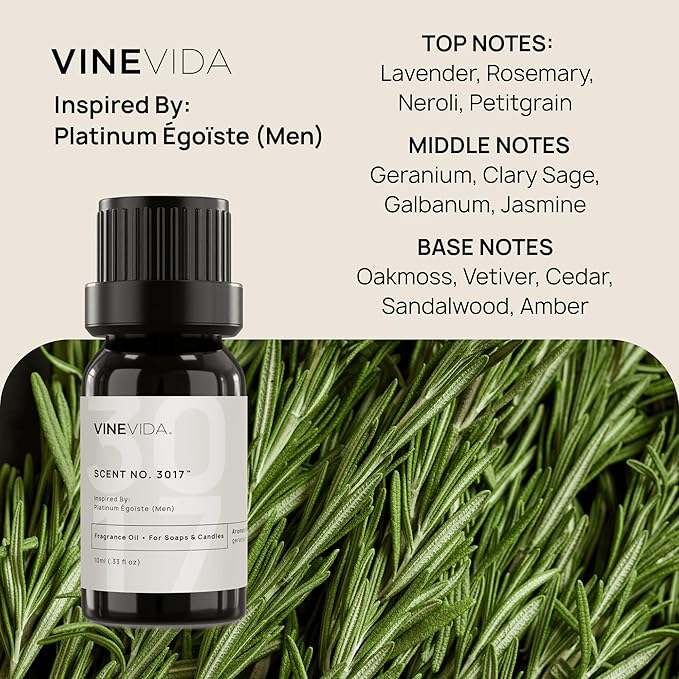 VINEVIDA Scent NO. 3017 Fragrance Oil - 10mL - Inspired by: Platinum Égoïste (Men); Candle Fragrance Oil for Soy Candles - Soap Making Scents