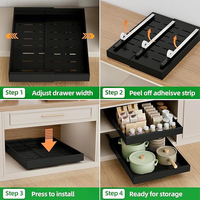 PAKETA 4 Pack Expandable Pull Out Cabinet Organizer, 21'' Deep Pull Out Drawers for Cabinet, Upgrade 3 Slide Rails Sliding Drawers for Cabinets with Adhesive Nano Film (Black, 21"D X 9-14"W)
