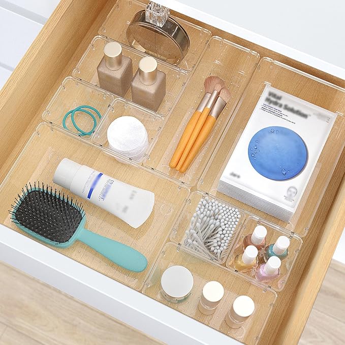 StorMiracle 13 PCS Clear Plastic Drawer Organizers Set, 4 Size Desk Drawer Organizer Trays for Makeup, Jewelry, Kitchen Utensils, Gadgets and Office Accessories