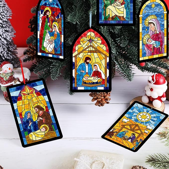 Tinlade 32 Set Winter Nativity Scene Suncatchers Craft Kit DIY Christian Suncatcher Crafts with Tissue Paper Religious Arts Projects Window Stained Glass Hanging Ornaments Winter School Activities