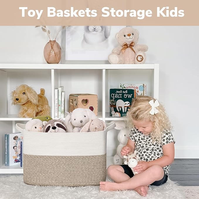 Goodpick Woven Baskets for Organizing, 18" x 14" x 12" Blanket Storage for Living Room Home Decor, Rectangle Toy Storage Basket for Kids, Large Gift Baskets Empty, White & Brown