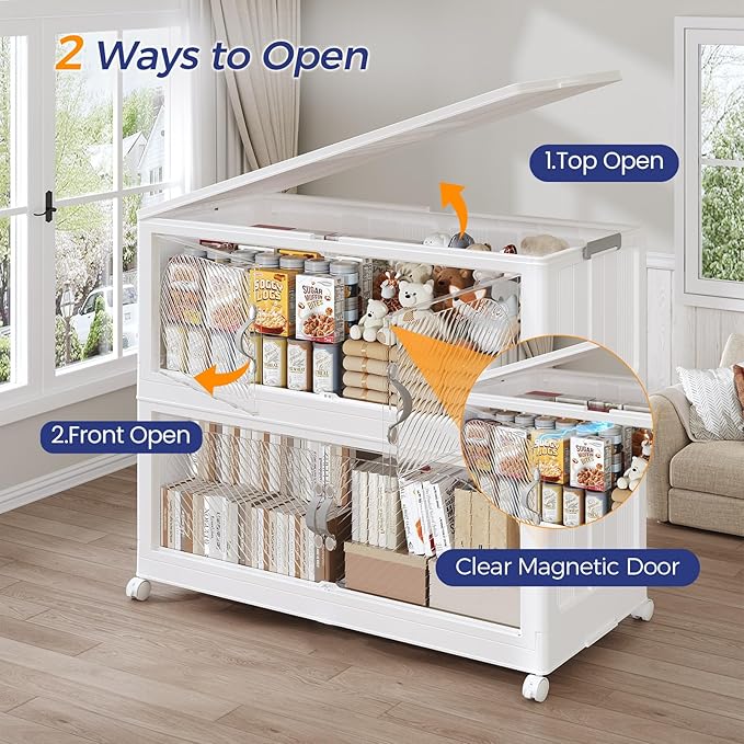240QT Extra Large Stackable Storage Bins with Lid, 60Gal Plastic Closet Organizers and Storage Drawer, Collapsible Cabinet Box with Wheels Clear Doors for Home Kitchen Office, 4Pack White
