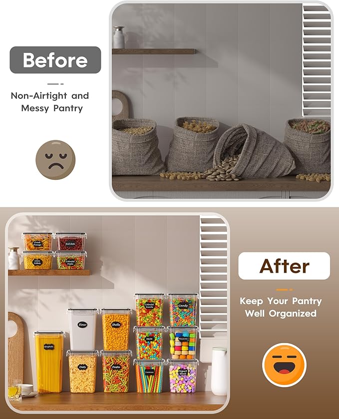 KEMETHY 15 Pack Airtight Food Storage Containers with Lids, Kitchen Pantry Organizers and Storage, BPA-Free Plastic Food Canisters for Cereal, Flour, Sugar, Pasta, Dry Food, Include Labels & Marker