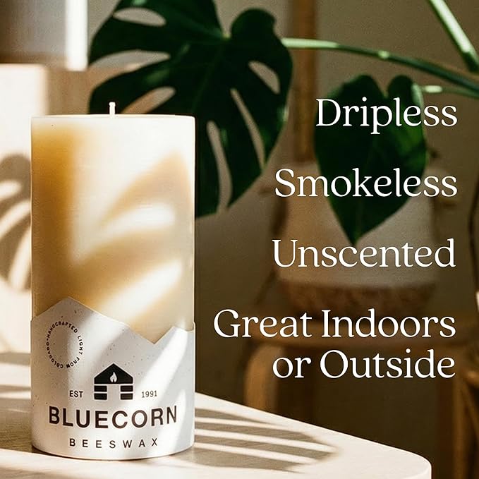 Bluecorn Beeswax 100% Pure Beeswax Pillar Candles | Ivory White 2x4.5 Pillar Candle Set | Non Toxic, Unscented, Clean Burning | Cotton Wick, Dripless, 36 Hr Long Burning | Handmade in USA | 6 Pack