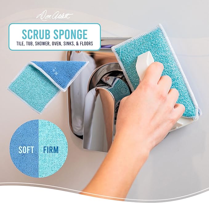 Don Aslett’s Scrub & Switch Combo Set | Dual-Sided Scrub, Clean, and Polish Sponges Included | Handheld Tool for Extra Scrubbing Power | Reusable and Machine Washable