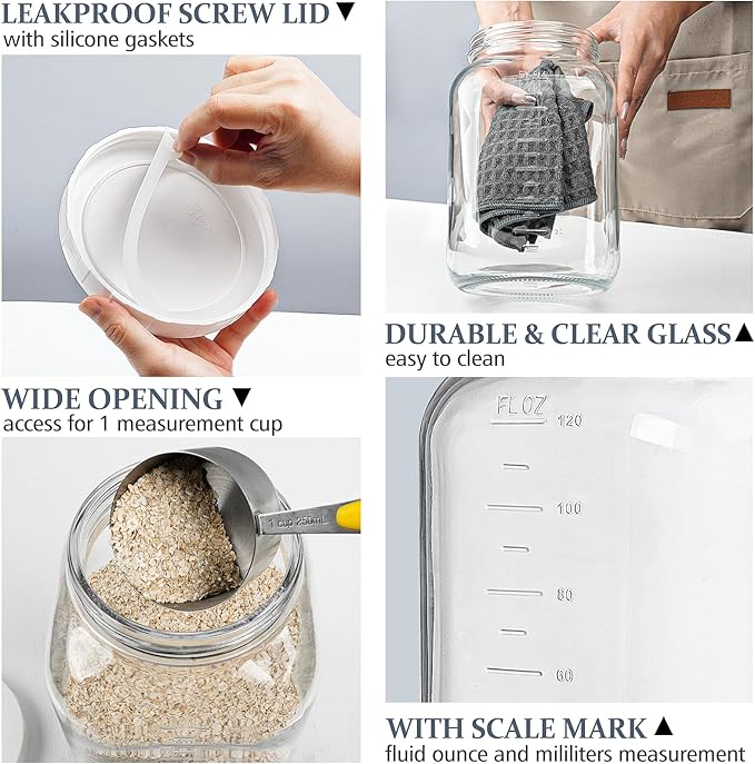 Folinstall 1 Gallon Glass Storage Jar with Lid, Large Mason Jar Wide Mouth with Airtight Lid and Silicone Gasket - Cookie Jar with 2 Scale Mark (Extra Tag and Marker Pen)
