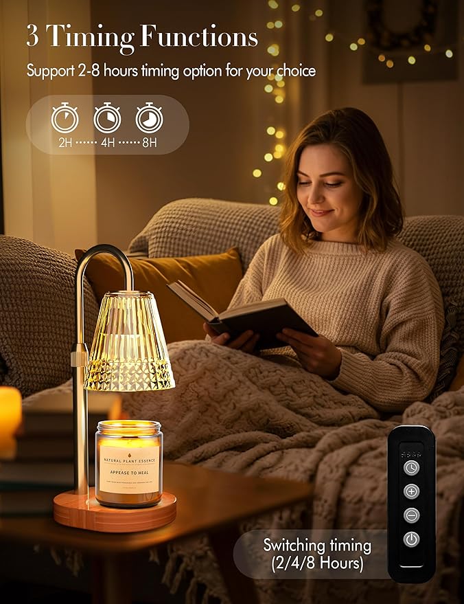 Candle Warmer Lamp with Timer Dimmer: Height Adjustable Wax Melt Warmer for Scented Jar Candles with 2 Bulbs, Christmas Birthday Gifts for Women Mom, House Warming Gifts New Home Room Decor (Gold)