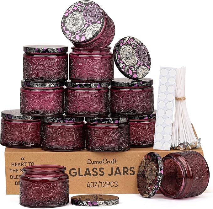 LumaCraft Luxury Embossed Glass Candle Jars for Making Candles - 12 Pack Empty Candle Containers with Airtight Metal Lids, 20 Wicks & 20 Stickers, Colored Glass Jars for Gifts & Decor-4OZ