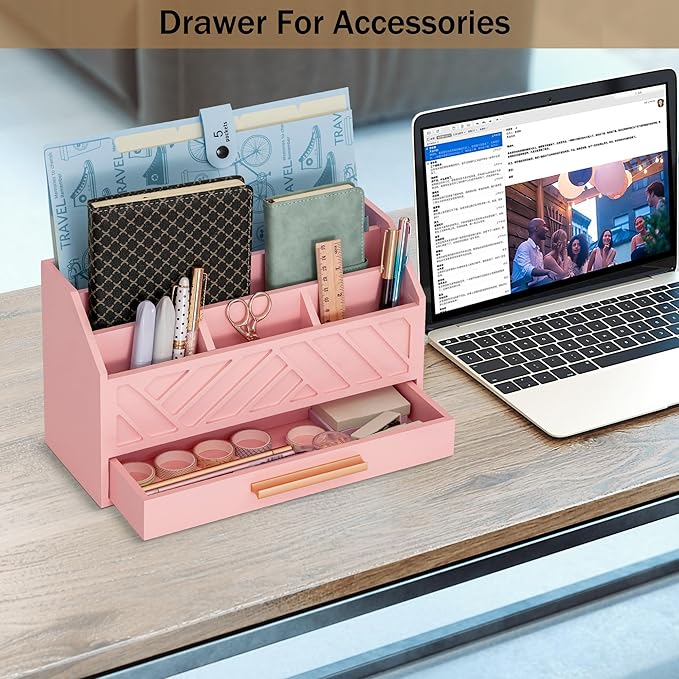 dreampossible Pink Wood Desk Organizer and Accessories with Drawer, Bill Mail Organizer and File Mail Holder for Office Supplies, Modern Desk Accessories & Workspace Organizers for Desk Organization