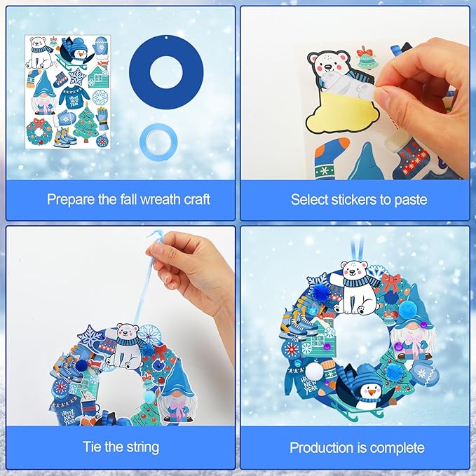 Hollowfly 48 Sets Winter Wreath Craft Kits DIY Snowflake Wreath Ornaments Decorations Make Your Own Snowman Stickers Craft for Home Winter Party Favors Activities