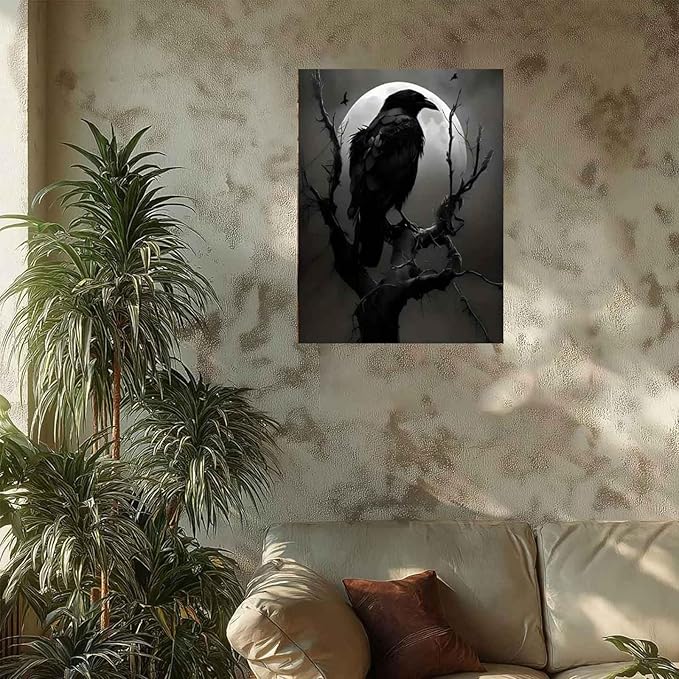 Gothic Raven on Bare Tree Under Full Moon Paint by Numbers for Adults, Dark Fantasy DIY Painting Kit, Moody Wall Decor 24 Colors 20x24 inch Framed