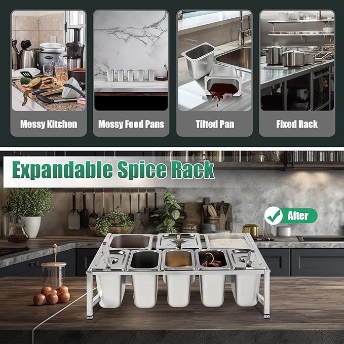 Expandable Spice Rack, Countertop Condiment Stand Holder with Pans and Lids,Stainless Steel Organizer Shelf for Seasonings Sauces Side Dishes Fruits Kitchen Pantry (5*1/9 Pans + 3*1/6 Pans)