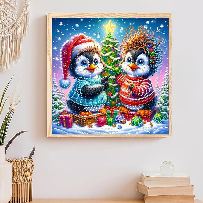 Christmas Penguins 5D Special Shape Diamond Art Kits for Beginners, Christmas Winter Theme Diamonds Painting Kits for Adults,DIY Crystal Rhinestones Diamond Paintings for Home Wall Decor 12×12Inch