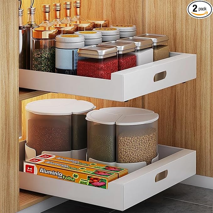 2 Pack Pull Out Cabinet Organizer Adhesive, 12" Wide,16.9" Deep Heavy Duty Slide Out Drawers for Face Frame or Frameless Cabinets, Roll Out Cabinet Organizer for Kitchen Organizer, Bathroom,Pantry