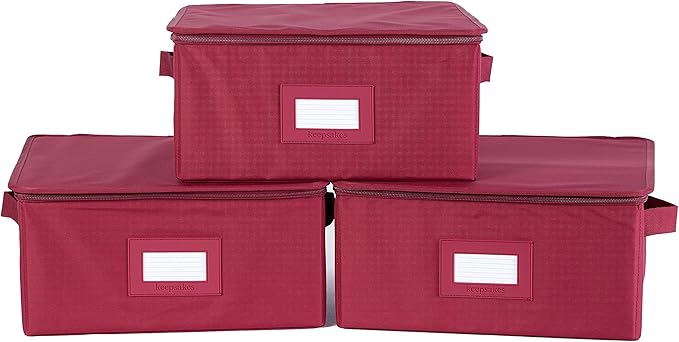 Covermates Keepsakes Zip-Top Storage Box Set, 3 Pack Heavy Duty Polyester Organizer Bins, Stackable Design, ID Window, Reinforced Handles, Closet Home Storage, Scarlett Red