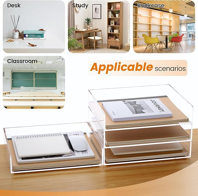 Acrylic Paper Tray, 4 Tier Paper Organizer for Desk, Clear Acrylic Desk Organizers, Stackable Letter Tray Workspace Organizer -Art Storage for School Classroom -4 Pack…